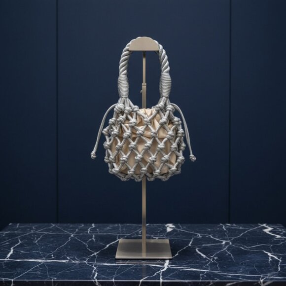 Silver Macramé Mini Bag with Drawstring Pouch Elegant Statement Accessory - Picture 1 of 10